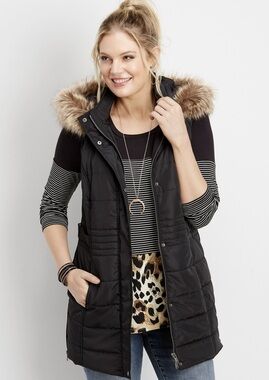Black Hooded Puffer Vest with Faux Fur Trim